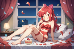 Size: 2304x1536 | Tagged: suggestive, apple bloom, ai content, ai generated, apple bloom's bow, banned from derpibooru, bed, bow, cake, child, confetti, equestria girls, female, food, hair bow, imported from twibooru, laying on bed, lolicon, night, nudity, on bed, prompter:drpeeper d fresa, underage, wrapped up