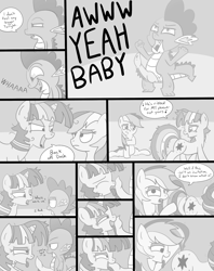 Size: 1280x1620 | Tagged: explicit, artist:jakejoke, rainbow dash, spike, twilight sparkle, age difference, blowjob, butt, comic, denied, dragon, estrus, female, foalcon, g4, growth, imminent cunnilingus, imminent oral, imminent sex, imported from derpibooru, lesbian, male, mare, monochrome, nudity, oral, pegasus, penis, penis expansion, plot, pony, pony on dragon action, pseudoincest, sex, ship:spikelightdash, ship:twidash, ship:twispike, straight, trio, unicorn, wingless spike