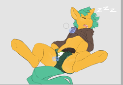 Size: 1014x706 | Tagged: explicit, artist:leosaeta, assisted exposure, briefs, clothes, foalcon, g4, imported from derpibooru, magic, magic abuse, magical molestation, male, molestation, nudity, open fly, penis, semi-anthro, sex, simple background, sleeping, snails, solo, solo male, somnophilia, stripped by magic, underwear, undressing