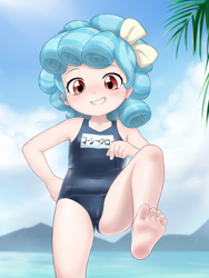Size: 2673x3556 | Tagged: questionable, artist:pestil, alternate version, banned from derpibooru, barefoot, clothes, cozy glow, cozybetes, cute, feet, female, golly loli, human, humanized, imported from twibooru, katakana, lolicon, one-piece swimsuit, school swimsuit, solo, swimsuit, underage