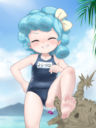 Size: 668x889 | Tagged: suggestive, artist:pestil, alternate version, banned from derpibooru, clothes, cozy glow, destroyed, feet, female, golly loli, human, humanized, imported from twibooru, katakana, lolicon, sandcastle, solo, swimsuit, underage