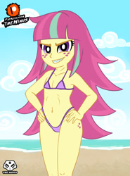 Size: 1920x2600 | Tagged: suggestive, artist:theminus, banned from derpibooru, beach, belly button, bikini, breasts, clothes, delicious flat chest, equestria girls, fangs, female, g4, hand on hip, implied lolicon, implied underage, imported from twibooru, lolicon, panties, patreon, patreon logo, small breasts, smiling, solo, solo female, sour sweet, swimsuit, teeth, thong, thong swimsuit, underage, underwear, watermark, wet hair, younger