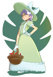 Size: 2160x3166 | Tagged: safe, artist:applephil, diamond tiara, annoyed, basket, blushing, clothes, cringing, crossover, dress, ear piercing, earring, female, g4, gloves, hand on hip, hat, high heels, high res, human, humanized, imported from twibooru, jewelry, lady, lolicon, piercing, poké ball, pokémon, pokémon trainer, shoes, unamused, underage