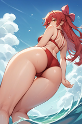 Size: 768x1152 | Tagged: suggestive, apple bloom, ai content, ai generated, banned from derpibooru, bikini, bloom butt, bow, breasts, butt, clothes, female, hair bow, human, humanized, imported from twibooru, lolicon, looking at you, looking back, looking back at you, ocean, prompter:drpeeper d fresa, red bikini, sky, small breasts, solo, solo female, swimsuit, underage