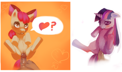 Size: 1000x588 | Tagged: explicit, artist:crookedtrees, apple bloom, twilight sparkle, belly, blushing, female, filly, foal, foalcon, g4, human, human male, human male on filly, human on pony action, human penis, imported from derpibooru, interspecies, legs in air, male, nudity, penis, pony, sex, source needed, straight, tip tease, vaginal, vulva