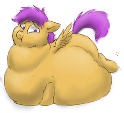 Size: 672x610 | Tagged: questionable, artist:defenceless, scootaloo, bbw, belly, belly bed, big belly, bloated, blob, blob ponies, blob pony, chest fat, chubby cheeks, do not want, does not want, fat, fat face, fat fetish, fat legs, female, fetish, foal, foalcon, g4, huge belly, immobile, imported from derpibooru, impossibly large belly, large belly, morbidly obese, neck roll, obese, pegasus, pony, rolls of fat, scootalard, thighs, throat bulge, thunder thighs
