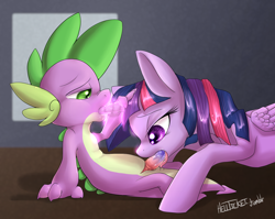 Size: 2000x1591 | Tagged: explicit, artist:hellticket, spike, twilight sparkle, age difference, alicorn, blowjob, dragon, dragon on pony action, duo, duo male and female, female, foalcon, g4, horn, hornboner, hornjob, imported from derpibooru, interspecies, magic, male, mare, nudity, oral, penis, pony, pseudoincest, sex, ship:twispike, straight, wingless spike