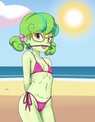 Size: 832x1066 | Tagged: suggestive, artist:prixy05, artist:the-dark-mangaka, banned from derpibooru, beach, bikini, clothes, equestria girls, erect nipples, female, g4, grin, imported from twibooru, lolicon, looking at you, nipple outline, panties, pink bikini, side-tie bikini, smiling, stella sprinkles, swimsuit, thong, underage, underwear