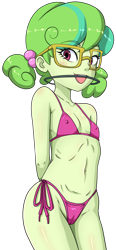 Size: 1058x2272 | Tagged: suggestive, artist:the-dark-mangaka, banned from derpibooru, bikini, breasts, clothes, equestria girls, erect nipples, female, g4, grin, imported from twibooru, lolicon, looking at you, nipple outline, open mouth, panties, pink bikini, side-tie bikini, simple background, smiling, stella sprinkles, swimsuit, thong, transparent background, underage, underwear