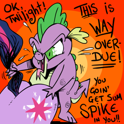 Size: 800x800 | Tagged: explicit, artist:catfood-mcfly, spike, twilight sparkle, dragon, female, foalcon, g4, imported from derpibooru, interspecies, male, sex, ship:twispike, straight, tail pull