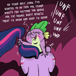 Size: 800x800 | Tagged: explicit, artist:catfood-mcfly, spike, twilight sparkle, age difference, blushing, butt, dialogue, dragon, duo, duo male and female, female, foalcon, g4, horn, imported from derpibooru, interspecies, male, pony, pseudoincest, sex, ship:twispike, straight, tail pull, twibutt, unicorn, unicorn twilight, wingless spike