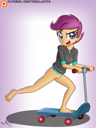 Size: 1000x1333 | Tagged: explicit, artist:thealjavis, scootaloo, alternate version, banned from derpibooru, barefoot, bottomless, clothes, drop shadow, equestria girls, feet, female, gradient background, happy, imported from twibooru, jacket, lolicon, looking at you, nudity, open smile, partial nudity, raised leg, scooter, signature, solo, underage, vulva