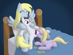 Size: 1440x1080 | Tagged: explicit, artist:jepso, age difference, anus, balls, bed, belly button, blushing, colt, condom, condom on penis, derpy hooves, dinky hooves, equestria's best mother, eyes closed, female, filly, foal, foalcon, g4, imported from derpibooru, male, mare, mare on colt, mouth hold, nudity, pegasus, penis, pillow, pony, reasonably sized genitals, rumble, rumbledink, safe sex, sex, show accurate, show accurate porn, straight, straight shota, unicorn, vaginal secretions, vulva, wearing condom, wingboner