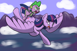 Size: 995x663 | Tagged: questionable, artist:ragingsemi, spike, twilight sparkle, ahegao, alicorn, derp, dragon, female, flying, foalcon, g4, imported from derpibooru, interspecies, male, mile high club, outdoor sex, outdoors, pony, sex, ship:twispike, softcore, straight