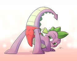 Size: 1278x1009 | Tagged: questionable, artist:spotty the cheetah, spike, clothes, crotch bulge, dragon, foalcon, g4, imported from derpibooru, male, mooseknuckle, solo, solo male