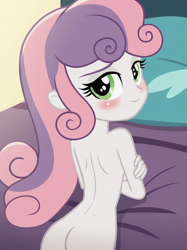 Size: 896x1200 | Tagged: questionable, sweetie belle, ai content, ai generated, banned from derpibooru, bed, bedroom, bedroom eyes, blushing, butt, child, complete nudity, equestria girls, female, imported from twibooru, indoors, lolicon, looking at you, looking back, looking back at you, lying down, nudity, pillow, prompter needed, smiling, solo, sweetie butt, underage, what are we gonna do on the bed?