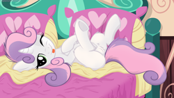 Size: 6000x3375 | Tagged: explicit, artist:illuminatiums, sweetie belle, :p, absurd resolution, bed, bedroom eyes, edit, female, filly, fluffy, foal, foalcon, g4, human vulva on pony, imported from derpibooru, legs in air, looking at you, messy mane, nudity, on back, pony, smiling, solo, solo female, sultry pose, tongue out, underhoof, unicorn, vulva, wallpaper, wallpaper for the fearless, wink