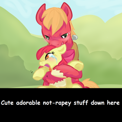 Size: 900x900 | Tagged: questionable, semi-grimdark, artist:furreon, apple bloom, age difference, applecest, big macintosh, blushing, brother and sister, caption, censored, comic sans, crying, earth pony, edit, female, filly, foal, foalcon, g4, hug, imported from derpibooru, incest, male, pony, sex, ship:macbloom, siblings, smiling, stallion, stallion on filly, straight, tongue out