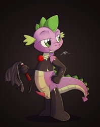 Size: 1009x1278 | Tagged: explicit, artist:spotty the cheetah, spike, ballgag, cat o' ninetails, clothes, dominatrix, dragon, erection, evening gloves, foalcon, g4, gag, imported from derpibooru, latex, legwear, male, maledom, nudity, penis, solo, solo male, stockings, thigh highs, whip