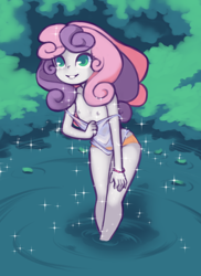 Size: 1152x1584 | Tagged: questionable, artist:drantyno, sweetie belle, banned from derpibooru, bracelet, child, clothes, equestria girls, female, imported from twibooru, jewelry, lolicon, nipples, nudity, panties, partial nudity, smiling, topless, underage, underwear, water, wet, wet clothes, young