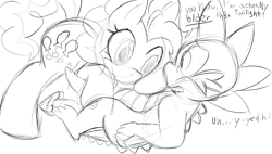 Size: 1280x729 | Tagged: explicit, artist:sweethd, pinkie pie, spike, dragon, female, foalcon, g4, imported from derpibooru, male, monochrome, ship:pinkiespike, shipping, straight