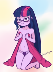 Size: 895x1206 | Tagged: questionable, artist:drantyno, twilight sparkle, abstract background, banned from derpibooru, belly button, bikini, bikini bottom, child, clothes, covering, equestria girls, female, glasses, imported from twibooru, kneeling, lolicon, long hair, partial nudity, rosy cheeks, sad, sci-twi, signature, swimsuit, thong, topless, towel, underage, underwear, young, younger