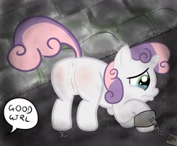 Size: 1934x1592 | Tagged: explicit, artist:kinkycelestia, sweetie belle, anus, crying, female, foalcon, g4, good girl, implied rape, imported from derpibooru, nudity, shackles, slave, spank mark, vagina, whip marks