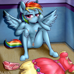 Size: 2000x2000 | Tagged: explicit, artist:anibaruthecat, rainbow dash, annoyed, anthro, banned from derpibooru, blushing, clothes, clothes on floor, corner, dress, female, frilly dress, frilly underwear, frown, imported from twibooru, indoors, lolicon, nipples, nudity, panties, pegasus, pink underwear, pouting, rainbow dash is not amused, raised eyebrow, sitting, solo, solo female, spread wings, unamused, underage, underwear, vulva, wings, younger
