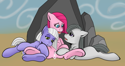 Size: 1500x800 | Tagged: explicit, artist:riscke, pinkie pie, earth pony, female, foalcon, g4, group sex, hooves, imported from derpibooru, incest, lesbian, limestone pie, marble pie, pie sisters, pie twins, piecest, pony, sex, ship:marbinkie, shipping, siblings, sisters, threesome, twincest, twins, vagina, vaginal secretions