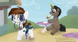 Size: 2000x1084 | Tagged: explicit, artist:smudge proof, oc, oc:thunder ring, bondage, bridle, commission, derpy hooves, exhibitionism, female, foalcon, g4, gay, glowing horn, horn, imported from derpibooru, male, mare, nudity, pegasus, penis, pipsqueak, pony, saddle, unicorn