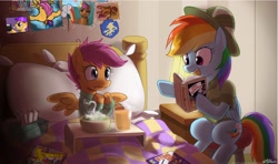 Size: 1500x888 | Tagged: explicit, artist:johnjoseco, rainbow dash, scootaloo, abuse, bad parenting, bed, bedroom, blood, cum, dark equestria, edit, female, fetish, foalcon, g4, imported from derpibooru, insertion, nightmare fuel, nosebleed, nudity, pegasus, penis, pony, scootabuse, sex toy, sick, tissue box, urine, vaginal insertion, watersports