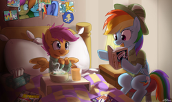Size: 1500x888 | Tagged: explicit, artist:facelessjr, artist:johnjoseco, artist:kevinsano edits, artist:lamia, artist:ldr, artist:xyi, apple bloom, princess luna, rainbow dash, scootaloo, sweetie belle, alicorn, backlighting, bed, book, cloud, cloudy, costume, cunnilingus, cutie mark crusaders, daring do, earth pony, edit, female, filly, filly rainbow dash, foal, foalcon, g4, happy, hoofing, imported from derpibooru, lesbian, nudity, oral, pegasus, photoshop, pony, reading, ship:scootadash, shipping, sick, smiling, soup, spitfire, tissue box, unicorn, vulva, younger