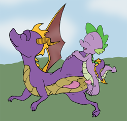 Size: 1000x951 | Tagged: explicit, artist:e_z, spike, anal, balls, crossover, dragon, foalcon, fucked sideways, g4, gay, imported from derpibooru, male, nudity, penis, sex, ship:spikero, shipping, sideways, spyro the dragon, spyro the dragon (series), wingless spike