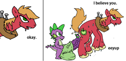 Size: 953x463 | Tagged: explicit, grimdark, spike, age difference, anal, balls, big macintosh, big penis, creampie, cum, dragon, duo, duo male, earth pony, eeyup, foalcon, g4, gay, hyper penis, imported from derpibooru, impossibly large penis, interspecies, male, male on male rape, males only, nudity, penis, pony, rape, simple background, stallion, sweat, white background, wingless spike