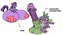 Size: 751x421 | Tagged: explicit, artist:vinny van yiffy, spike, twilight sparkle, anthro, balls, balls on floor, barbed penis, big breasts, big penis, breasts, breasts on floor, busty twilight sparkle, dragon, dragon dick, female, foalcon, g4, huge breasts, imported from derpibooru, impossibly large balls, impossibly large breasts, impossibly large penis, male, nipples, nudity, penis, straight, unicorn