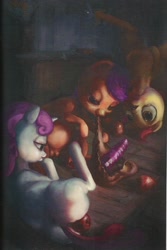 Size: 2032x3040 | Tagged: explicit, grotesque, artist:php91, apple bloom, scootaloo, sweetie belle, art pack:hot to trot, anus, apple, cutie mark crusaders, dildo, female, foalcon, food, foodplay, g4, imported from derpibooru, masturbation, nudity, sex toy, uncanny valley, vulva