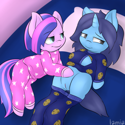 Size: 1200x1200 | Tagged: explicit, artist:lamia, oc, oc:serenity, oc:show stopper, bed, bedroom eyes, clothes, eyes on the prize, female, filly, foal, foalcon, imported from derpibooru, lesbian, looking back, nudity, oc only, on back, pajamas, pants, pants down, pillow, pony, shy, unicorn, vulva