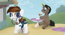 Size: 3000x1626 | Tagged: explicit, artist:smudge proof, oc, oc:thunder ring, bit, blinders, bridle, canon x oc, cum, derpy hooves, exhibitionism, female, foalcon, g4, gay, glowing horn, horn, horseshoes, imported from derpibooru, leaking, magic, male, mare, nudity, pegasus, penis, pipsqueak, pony, precum, reins, restaurant, saddle, sandwich, unicorn