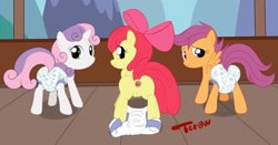 Size: 2000x1051 | Tagged: explicit, artist:launny, apple bloom, scootaloo, sweetie belle, anus, balcony, butt, cutie mark crusaders, diaper, diaper belle, diaper fetish, diaperloo, earth pony, female, fetish, foal, foalcon, g4, gaping, imported from derpibooru, non-baby in diaper, nudity, plot, pony, poop, presenting, scat, vagina