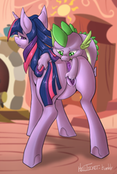 Size: 608x900 | Tagged: explicit, artist:hellticket, spike, twilight sparkle, anus, dragon, dragon on pony action, female, fingering, foalcon, g4, imported from derpibooru, indoors, interspecies, male, nudity, pony, ship:twispike, signature, straight, vagina, vaginal secretions, vulva