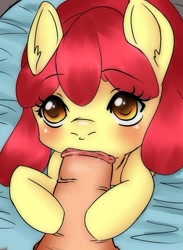 Size: 511x697 | Tagged: explicit, artist:php96, apple bloom, blowjob, drool, female, filly, foal, foalcon, g4, human, human male, human male on filly, human on pony action, human penis, imported from derpibooru, interspecies, just the tip, male, nudity, oral, penis, pony, sex, straight
