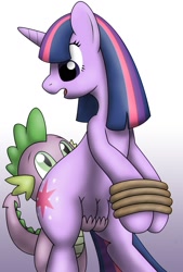 Size: 1076x1592 | Tagged: questionable, artist:tg-0, spike, twilight sparkle, 2011, bondage, crotchboob grab, crotchboobs, dragon, female, foalcon, g4, grope, imported from derpibooru, male, maledom, pony, ship:twispike, simple background, straight, unicorn, unicorn twilight