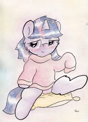 Size: 735x1013 | Tagged: questionable, artist:slightlyshade, twilight sparkle, cameltoe, clothes, female, foalcon, g4, imported from derpibooru, panties, pony, solo, solo female, sweater, traditional art, underwear