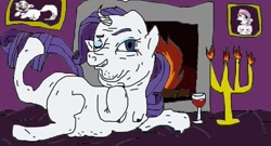 Size: 1034x558 | Tagged: grotesque, suggestive, artist:ponyboogers, rarity, sweetie belle, breasts, cat, chestbreasts, female, filly, fire, foal, foalcon, g4, imported from derpibooru, mare, misplaced boobs, nipples, nudity, opalescence, pony, sultry pose, unicorn, wine