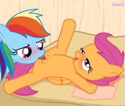 Size: 2300x1944 | Tagged: explicit, artist:unistar, rainbow dash, scootaloo, anatomically incorrect, blushing, chickun, clitoris, cunnilingus, drool, exploitable meme, faic, female, filly, foal, foalcon, forced meme, g4, human vulva, human vulva on pony, imported from derpibooru, incorrect leg anatomy, lesbian, licking, lying down, mare, mare on filly, meme, nudity, on back, pegasus, pillow, pony, scootalust, ship:scootadash, shipping, show accurate, show accurate porn, spread legs, spreading, tongue out, vagina, vaginal secretions, vulva