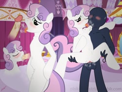 Size: 1280x960 | Tagged: explicit, artist:devanstar, sweetie belle, oc, oc:anon, abdominal bulge, arm hooves, balls, blowjob, foalcon, g4, human on anthro action, human penis, imported from derpibooru, licking, licking cock, looking up, nudity, oral, penis, pony, semi-anthro, sex, show accurate, show accurate porn, sloppy kissing, tongue out, unicorn, vagina, vaginal secretions