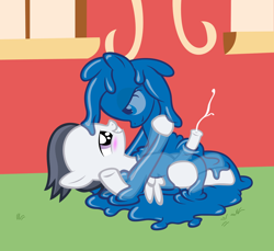 Size: 1618x1480 | Tagged: explicit, artist:badumsquish, oc, oc:mattie (badumsquish), canon x oc, colt, cum, cumming, female, filly, foal, foalcon, g4, gak, gakpony, goo pony, imported from derpibooru, male, nudity, original species, penis, rumble, see-through, show accurate, show accurate porn, slime, straight