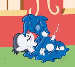 Size: 1608x1446 | Tagged: explicit, artist:badumsquish, oc, oc:mattie (badumsquish), canon x oc, colt, cum, cumming, female, filly, foal, foalcon, g4, gak, gakpony, goo pony, imported from derpibooru, male, nudity, original species, penis, rumble, show accurate, show accurate porn, slime, straight