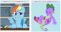 Size: 526x278 | Tagged: explicit, artist:kevinsano, rainbow dash, spike, aftersex, anal, canine penis, cum, dragon, exploitable meme, eyes closed, female, foalcon, g4, gay, gay in front of girls, human penis, imported from derpibooru, juxtaposition, juxtaposition win, knot, male, mare, nudity, paw pads, paws, pegasus, penis, pony, underpaw, wingless spike