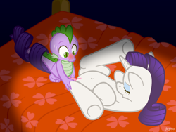 Size: 1280x960 | Tagged: explicit, artist:jepso, rarity, spike, age difference, bed, belly button, blushing, cute, cute porn, dragon, duo, duo male and female, female, first time, foalcon, g4, horn, imported from derpibooru, intertwined tails, male, nervous, nudity, penis, pony, sex, ship:sparity, shipping, straight, unicorn, vagina, vaginal, wingless spike